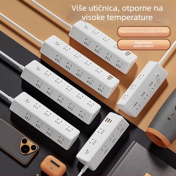 Višestruki produžni kabel s USB priključcima, bakrenim vodovima i nagibnim dizajnom za zidno montažu