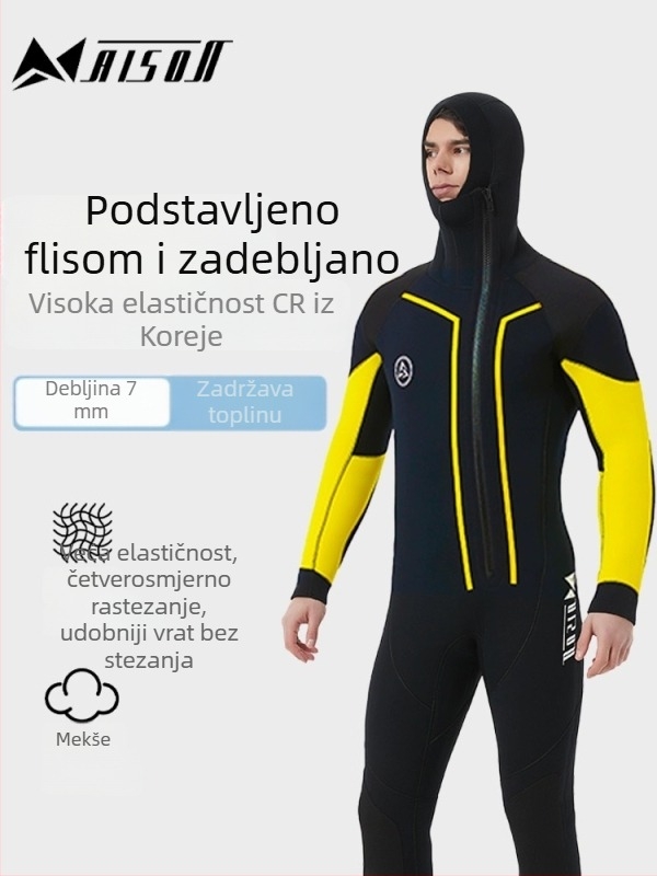 7 mm neoprenski kombinezon s kapuljačom i flis podstavom — topao, vodootporan, poludry, za ronjenje i plivanje, unisex