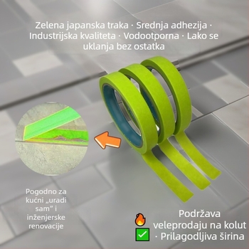 Industrijska zelena maskirajuća traka, srednja adhezija, lako se lomi, bez ostataka, posebna traka za uređenje fuge pločica i odvajanje boja pri bojanju, Washi traka