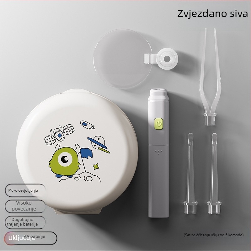 Dječja svijetleća ušna žličica s povećalom i pincetom — petodjelni set za vizualno čišćenje uha