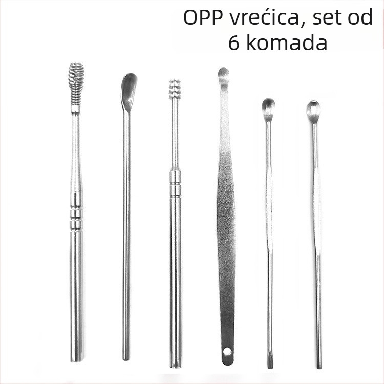 Set od šest ušnih kašičica za čišćenje uha, nehrđajući čelik, dvostruko glavne spiralne opruge