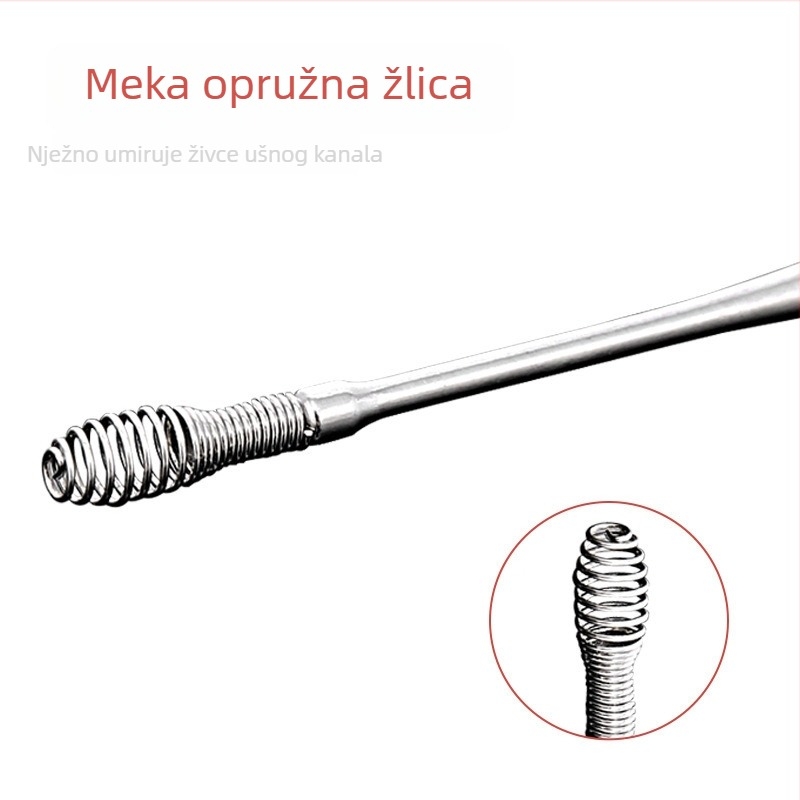 Set od šest ušnih kašičica za čišćenje uha, nehrđajući čelik, dvostruko glavne spiralne opruge