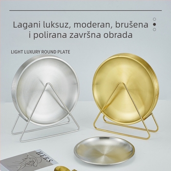 Korejski stil, zlatno-nerđajući čelik, posuda za kosti s držačem za pohranu, okrugli tanjur za kafić, prehrambena kvaliteta, lagani luksuzni roštilj tanjur