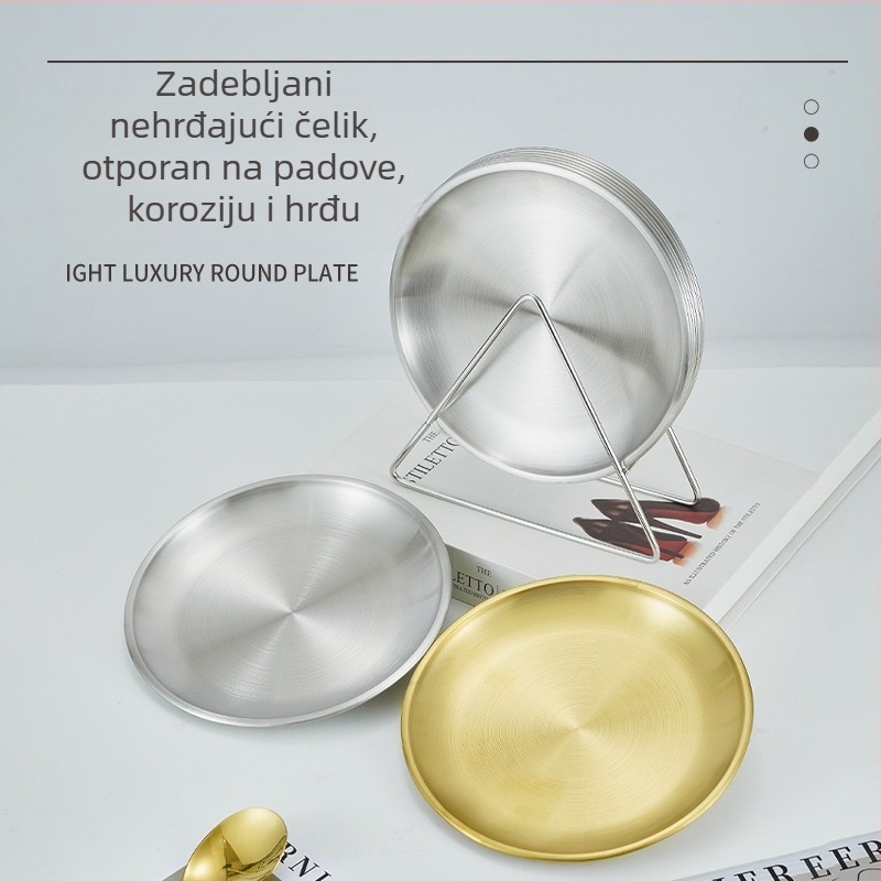 Korejski stil, zlatno-nerđajući čelik, posuda za kosti s držačem za pohranu, okrugli tanjur za kafić, prehrambena kvaliteta, lagani luksuzni roštilj tanjur