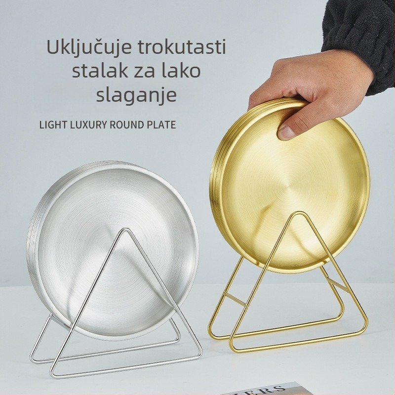 Korejski stil, zlatno-nerđajući čelik, posuda za kosti s držačem za pohranu, okrugli tanjur za kafić, prehrambena kvaliteta, lagani luksuzni roštilj tanjur