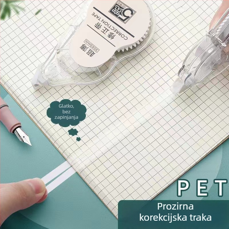 Korektivna traka velike kapacitete, prozirna, tiha, s gumbom za pritisak, glatka i kontinuirana, za učenike i ured
