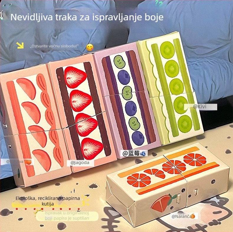 Korektorska traka u kutiji od papira, slatkog stila, voćna ekološka serija, prirodna boja papira, veliki kapacitet, glatka primjena