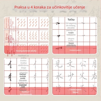 Kaligrafska vježbenica za kontrolu poteza i radikala, kvadratne stranice, za odrasle početnike u stilu tekućeg pisanja