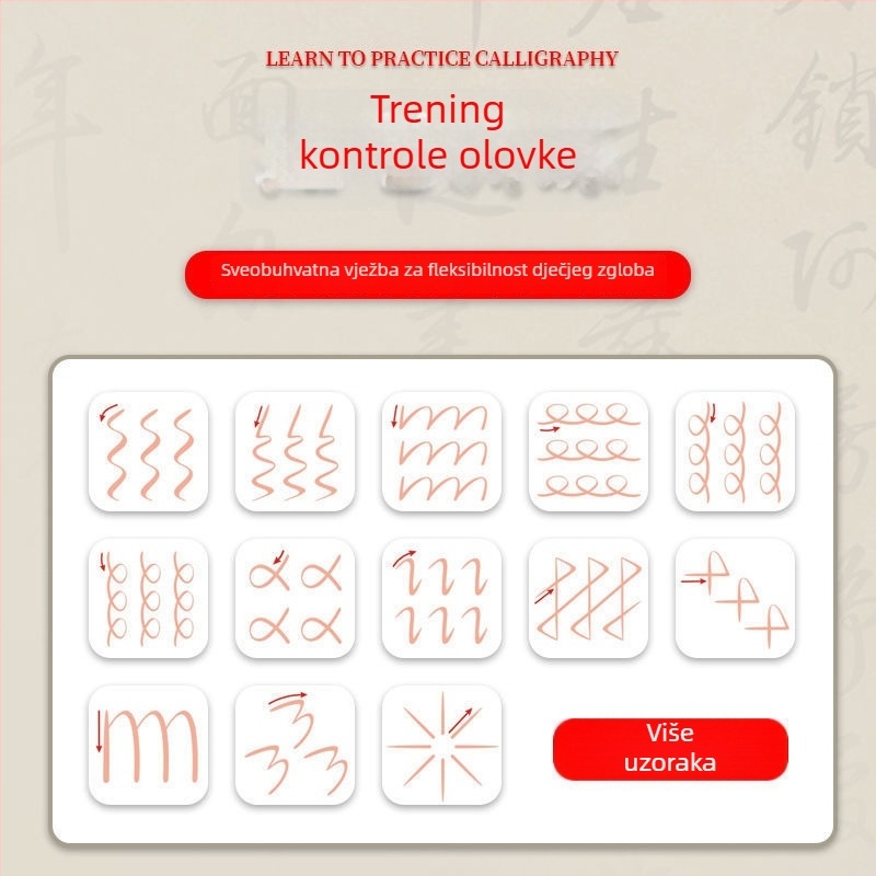 Kaligrafska vježbenica za kontrolu poteza i radikala, kvadratne stranice, za odrasle početnike u stilu tekućeg pisanja