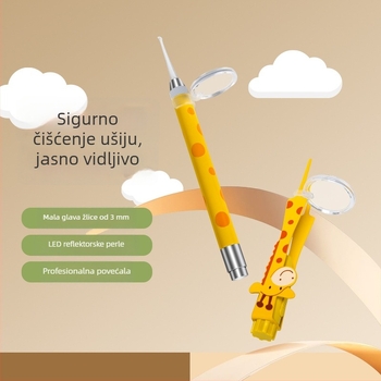 Alat za čišćenje ušiju sa svjetlom, žirafa motiv, siguran za djecu, pinceta za ušni vosak