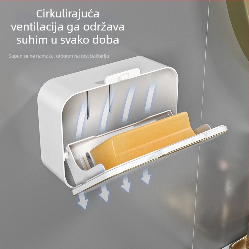 Zidni držač sapuna s odvodom, bez bušenja, s poklopcem, dvostruki odjeljak za kupaonicu