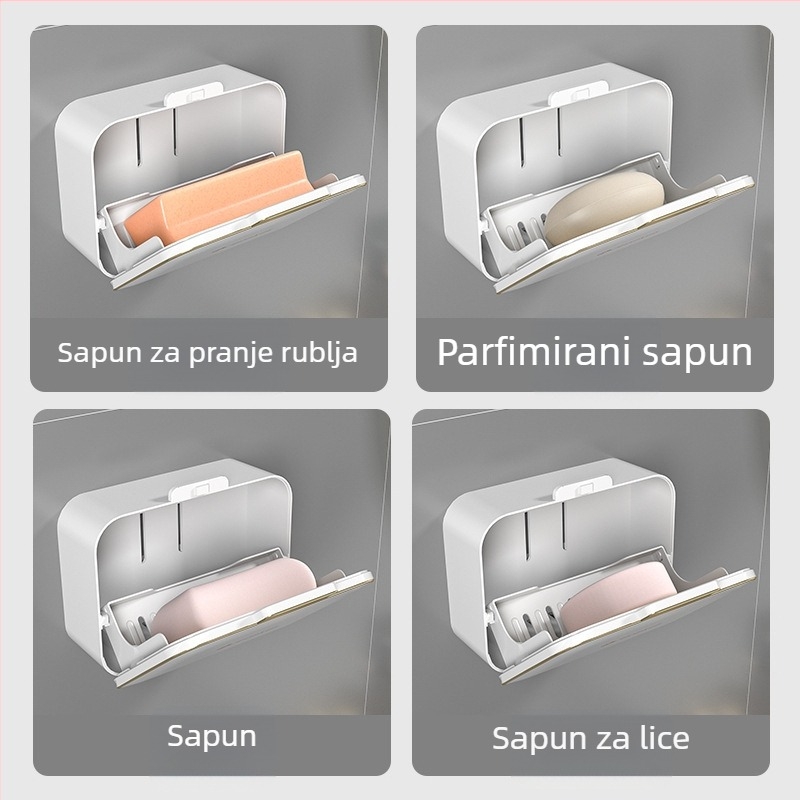 Zidni držač sapuna s odvodom, bez bušenja, s poklopcem, dvostruki odjeljak za kupaonicu