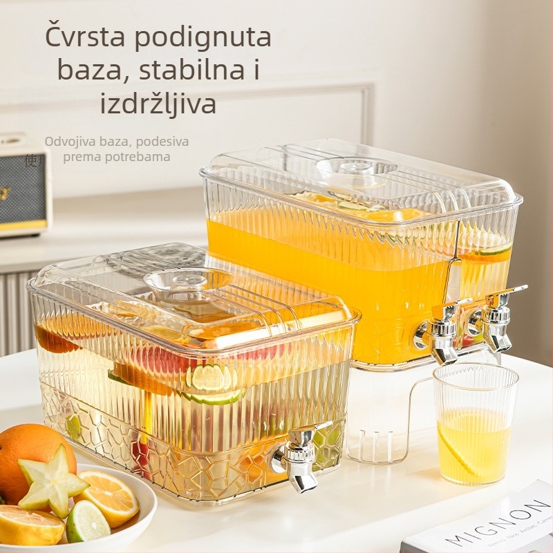 Moderan minimalistički džbàn za hladnu vodu s ugrađenom slavinom za limunadu i voćne napitke; pogodan za hladnjak; plastična posuda za led