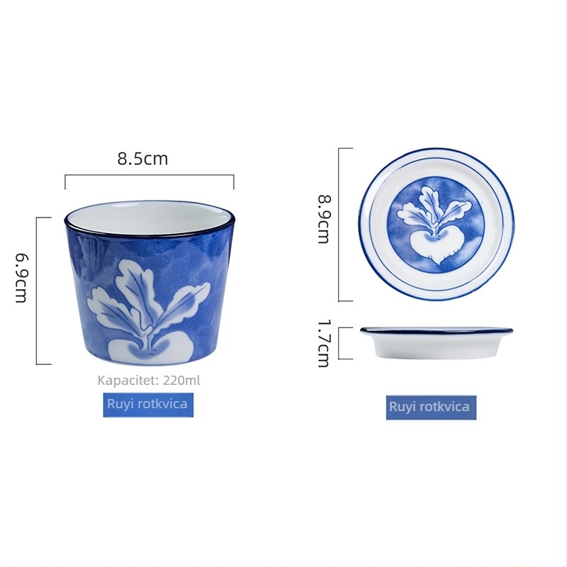 Čajna šalica s podglazurnim motivom i znakom sreće, japanskog stila plavo-bijela saké šalica, porcelinska čašica za vodu, majstorska šalica — lagani luksuz retro
