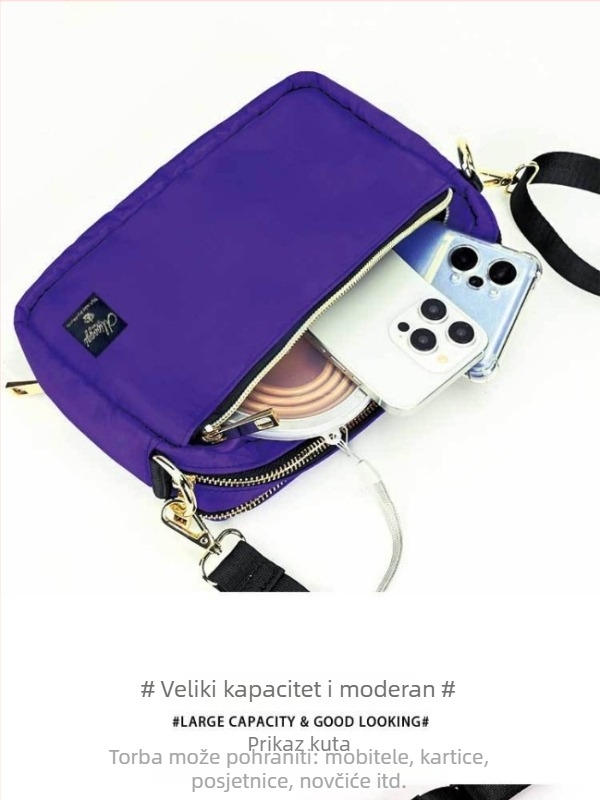 Ženska crossbody torbica srednje veličine, kvadratnog oblika, jednobojna, zatvarač, poliester, urbani minimalistički stil