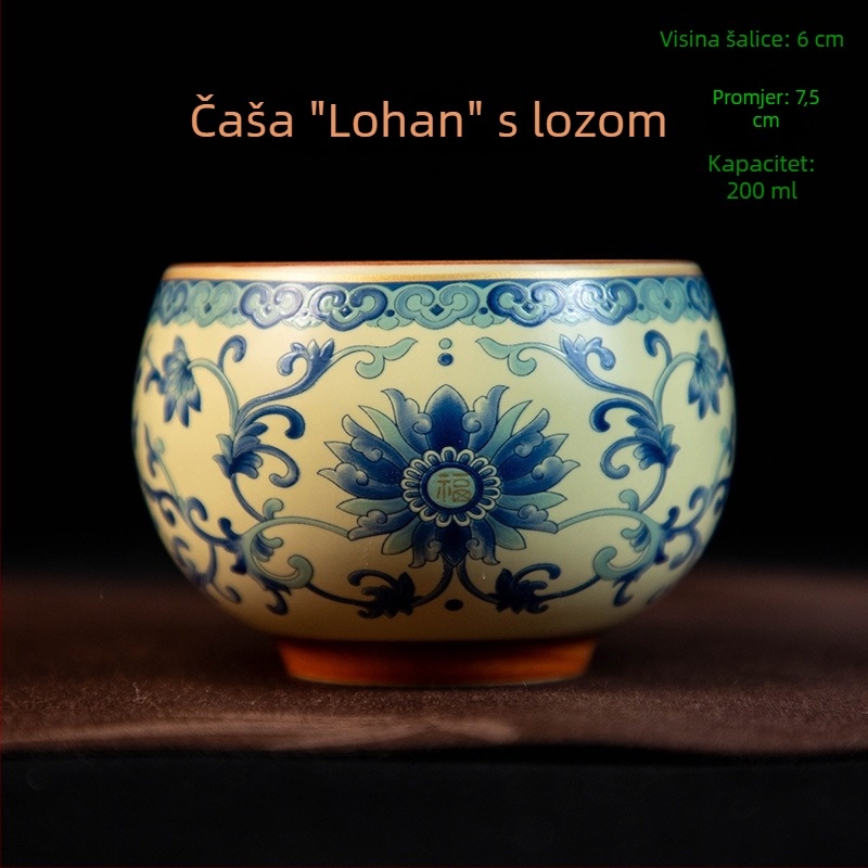 Šalica za čaj Luo Han, 200 ml bež porcelin s plavo-bijelim retro dizajnom, velika