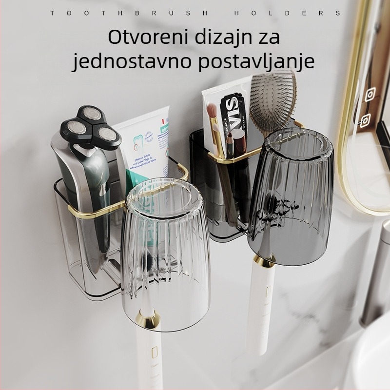 Zidni držač za četkice za zube s ugradnjom bez bušenja i držačem za sušenje čaše — plastični organizator kupaonice