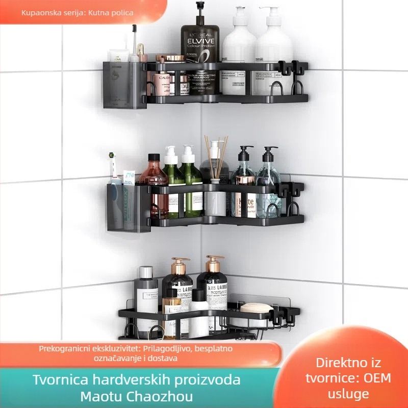 Ugaoni regal za kupaonicu bez bušenja, tri razine, metal i plast, moderan minimalistički dizajn