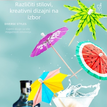 Jednokratne šarene papirnate kišobrančiće za koktele i hladna jela, drveni štap, duljina 10–18 cm, otisnut logotip, prilagodljivo.