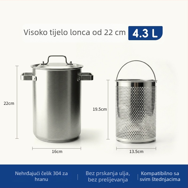 304 nehrđajući čelik, lonac za prženje s pravim stranama i filtrom, višenamjenski duboki lonac za juhu s dvije ručke, debelo dno