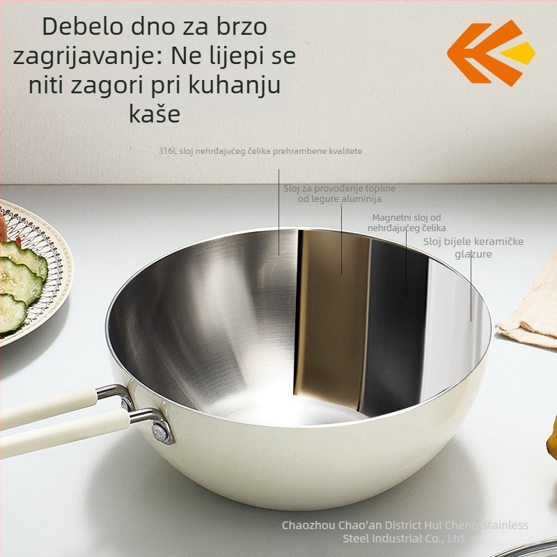 Huicheng 316 nehrđajući čelik bez premaza, lonac za mlijeko s prozirnim staklenim poklopcem i pladnjem za paru, posuda za bebinu hranu i rezance, trodijelno dno, mali kuhinjski tiganj