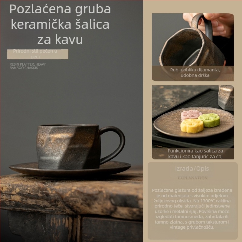 Retro set šalice za kavu i podmetač s pozlaćenim završetkom, latte art šalice od kamenog keramika, elegantne jutarnje šalice za dom