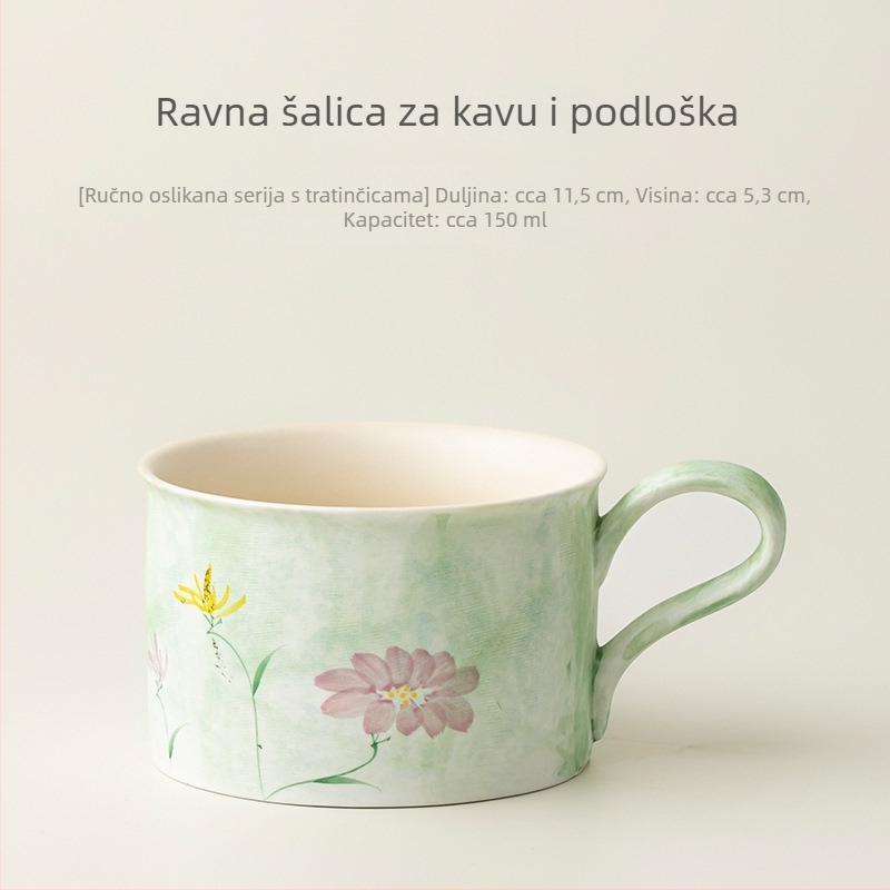 Ručno oslikana šalica za kavu s podglazurnim dizajnom cvjetnog motiva, keramički šalic i tanjurić – set