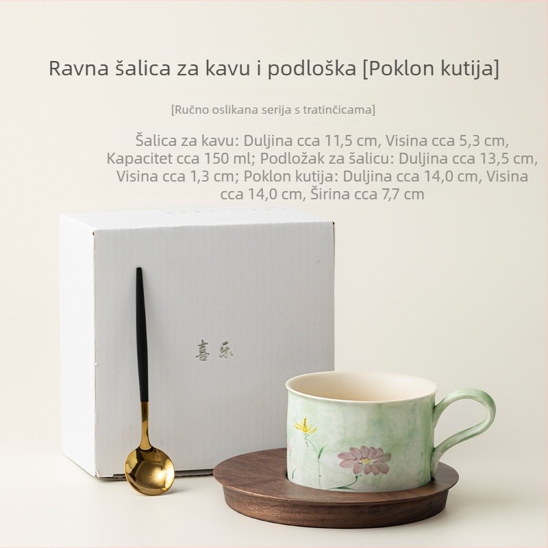 Ručno oslikana šalica za kavu s podglazurnim dizajnom cvjetnog motiva, keramički šalic i tanjurić – set