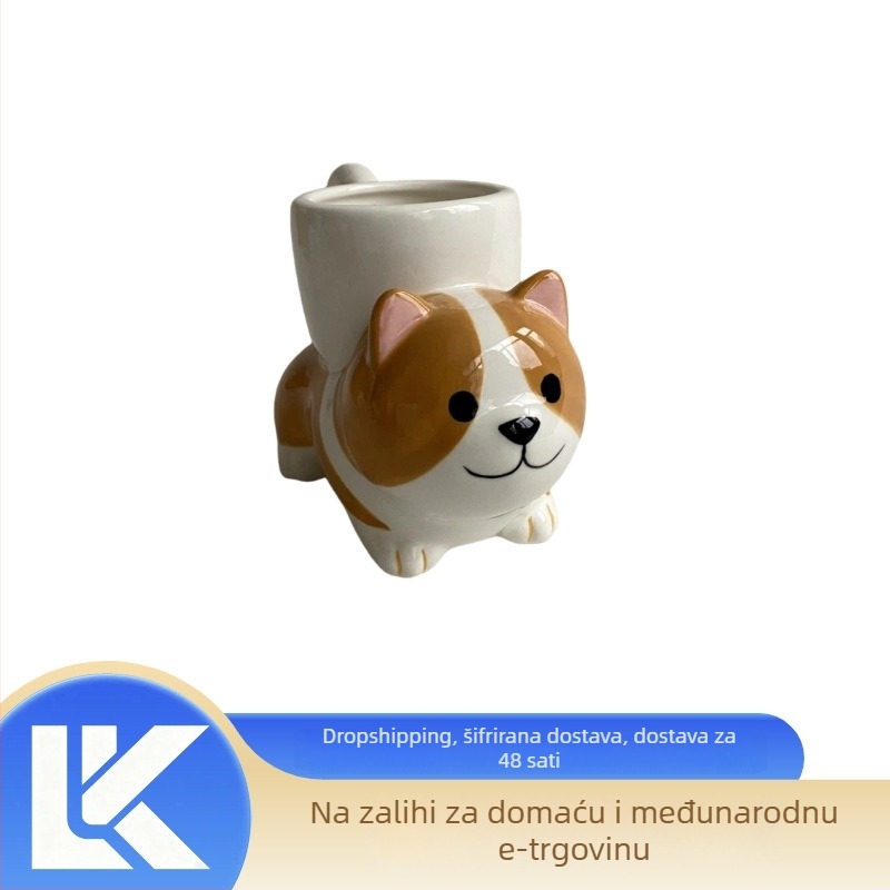 Set keramičkih šalica za kavu i tanjurić, ručno izrađena kreativna šalica, retro stil, poklon s motivom corgi