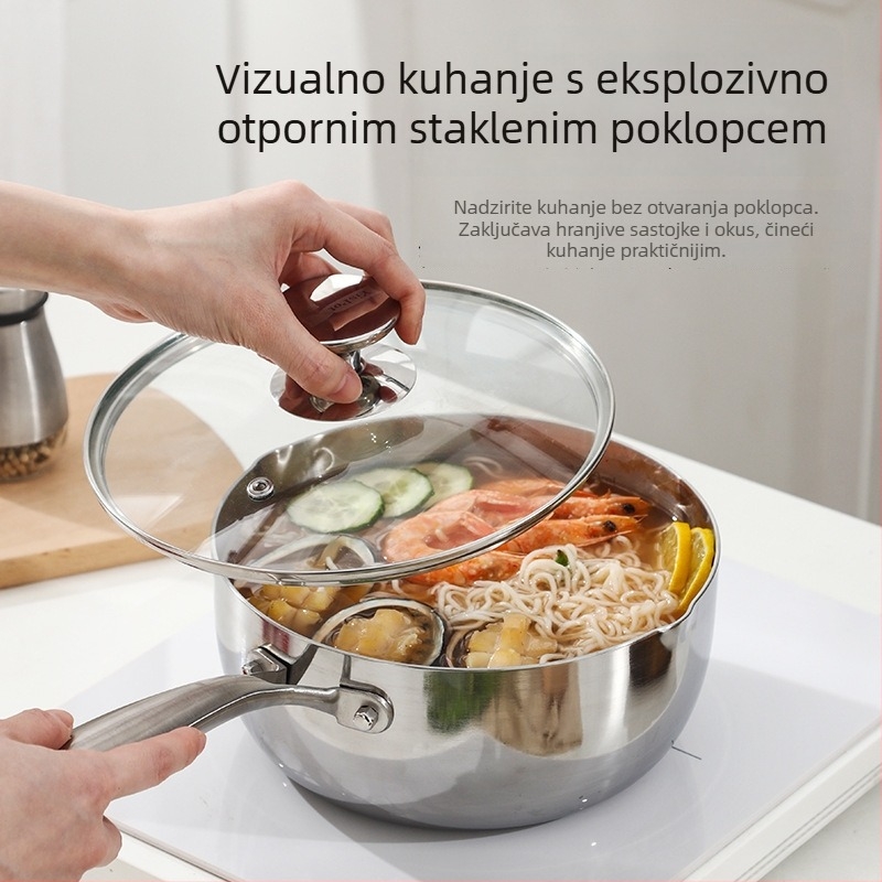 Nerđavo čelična posuda za mlijeko za bebe, mala, s višeslojnom dnom i staklenim poklopcem, bez premaza