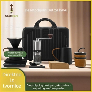 Desetodnevni putni set za kavu s ručnim mlincem, lončićem za prelijevanje, filtrska posuda, filtri, dvije šalice za kavu, mjerna žlica, četkica za čišćenje i štoperica