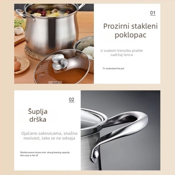 Lonac od nehrđajućeg čelika s neprijanjajućim premazom, debeli trup, dvostruke ručke, pogodan za plin i indukciju, visoki rubovi