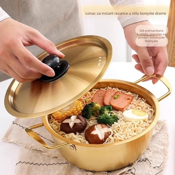 Korejska posuda za rezance sa dvije ručke, mala posuda od nehrđajućeg čelika, za ramen i juhu od rezanaca, pogodna za indukciju i plinsku ploču