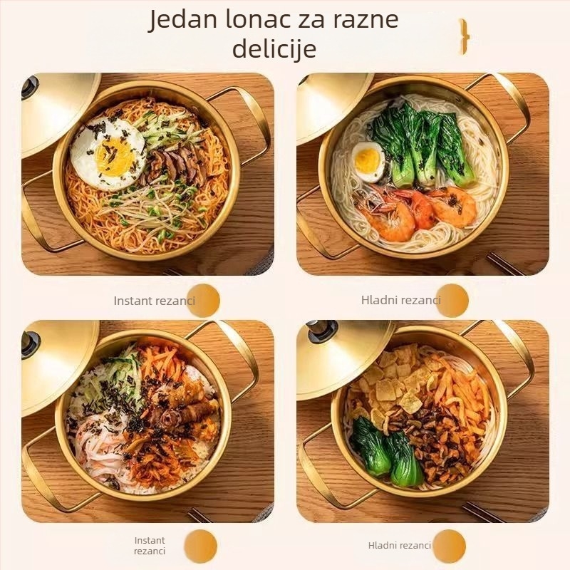 Korejska posuda za rezance sa dvije ručke, mala posuda od nehrđajućeg čelika, za ramen i juhu od rezanaca, pogodna za indukciju i plinsku ploču