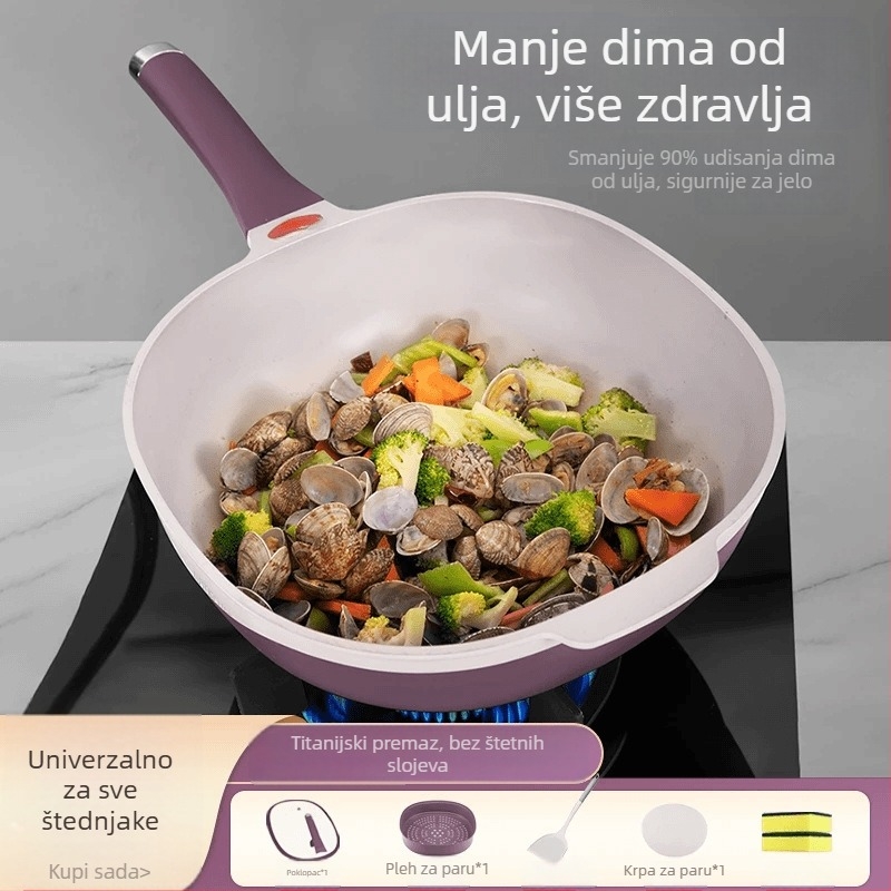 Titanijsko-keramički neprijanjajući wok lonac, s malo ulja i dima, višenamjenski za parenje i prženje, pogodan za indukciju i plin