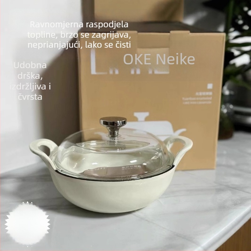 Lijevana posuda za juhe i prženje, ravno dno wok, poklopac od borosilikatnog stakla, emajlirani vanjski dio, kompatibilno s indukcijom