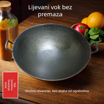 Autentični stari čelični wok s dvije ručke za seosko kućanstvo, bez prilijepljivanja, bez premaza, ručno lijevano