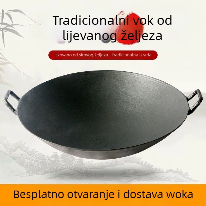 Autentični stari čelični wok s dvije ručke za seosko kućanstvo, bez prilijepljivanja, bez premaza, ručno lijevano