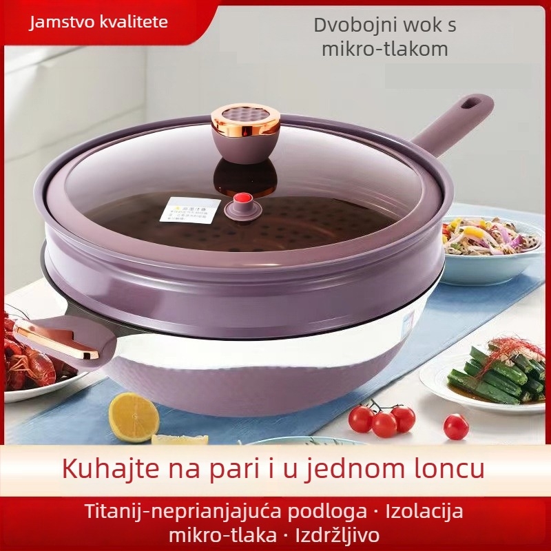 Titanijski nepali wok s mikro pritiskom, niska emisija dima, integrirano parenje i kuhanje, višenamjenski wok velikog kapaciteta za kućnu uporabu