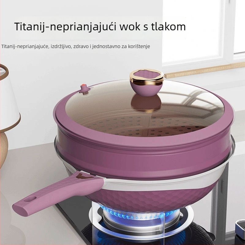 Titanijski nepali wok s mikro pritiskom, niska emisija dima, integrirano parenje i kuhanje, višenamjenski wok velikog kapaciteta za kućnu uporabu