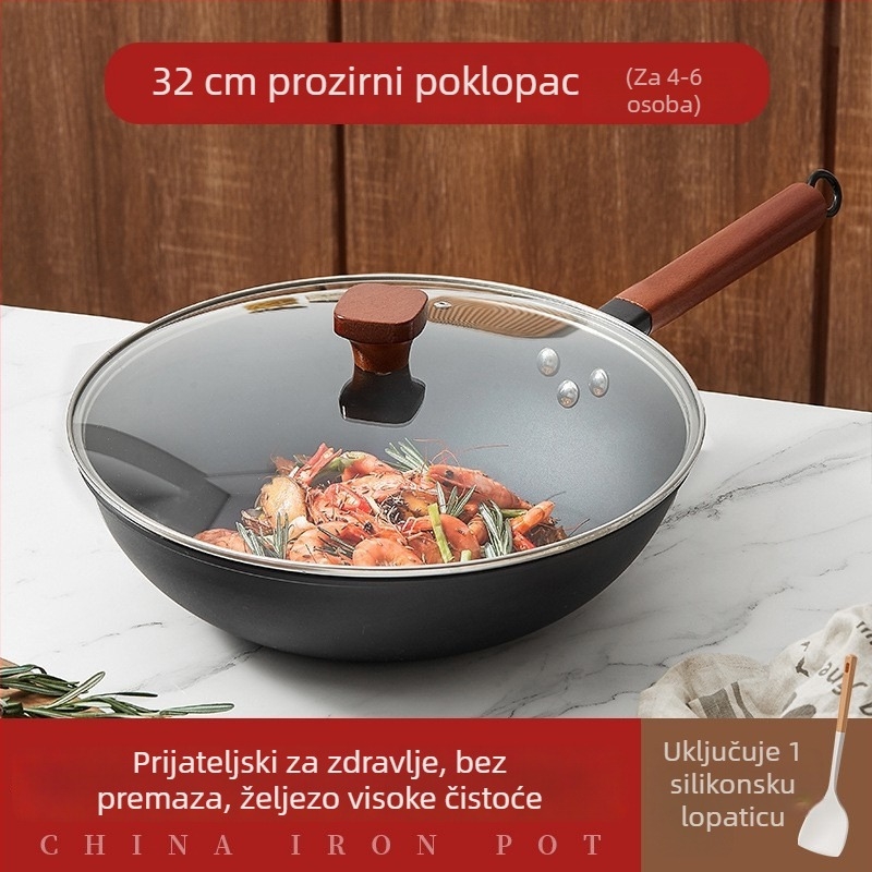 Kineski stil wok od kovanog željeza, bez prevlake, kućni wok sa staklenim poklopcem, pogodan za indukciju