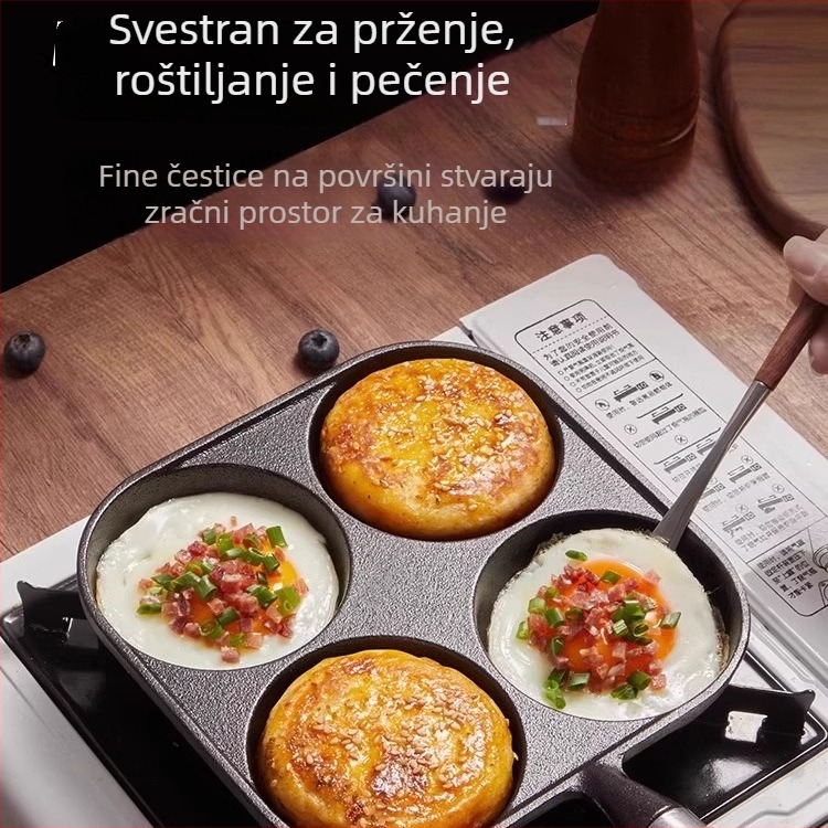 Lijevana tava od lijevanog željeza za jaja s četiri rupe, pogodna za jaja, jaja burgere i knedle od jaja, bez premaza