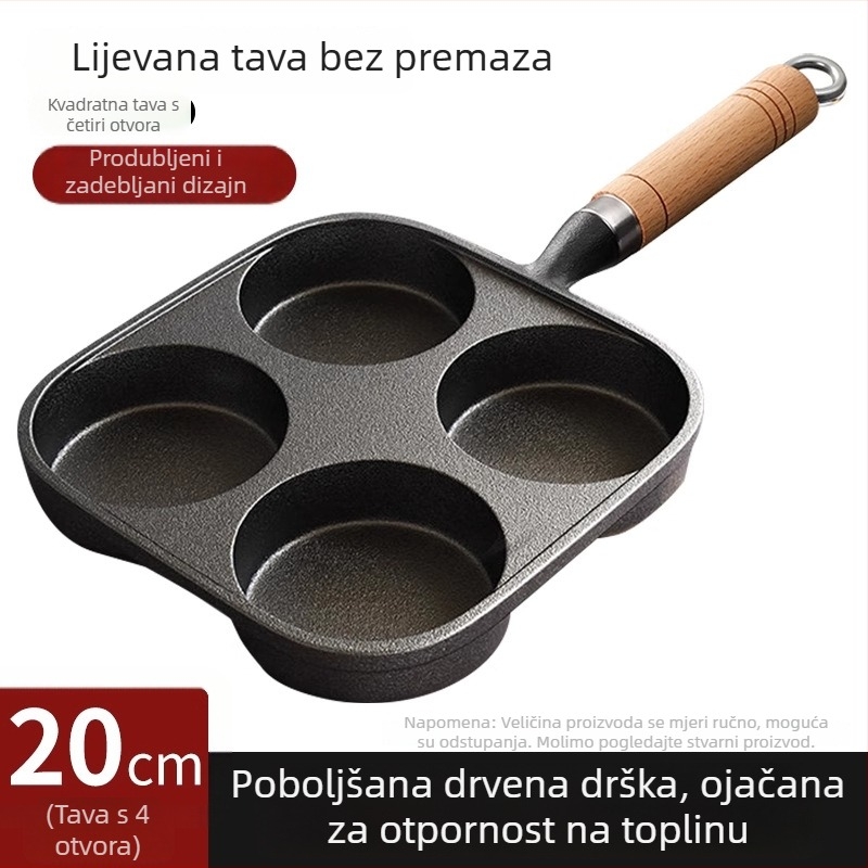 Lijevana tava od lijevanog željeza za jaja s četiri rupe, pogodna za jaja, jaja burgere i knedle od jaja, bez premaza
