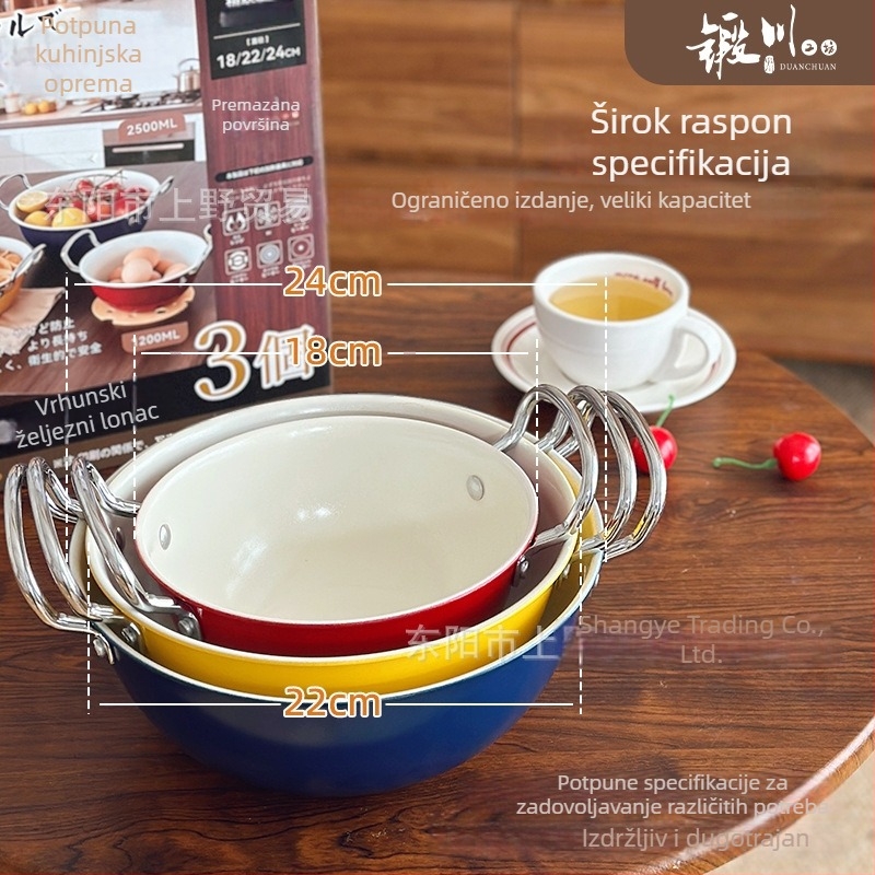 Set od tri posude od kovanog željeza s dvostrukom drškom, promjeri 18/22/24 cm, otporan na visoke temperature, zaštita od opeklina, kuhinjske posude za juhu i tavu