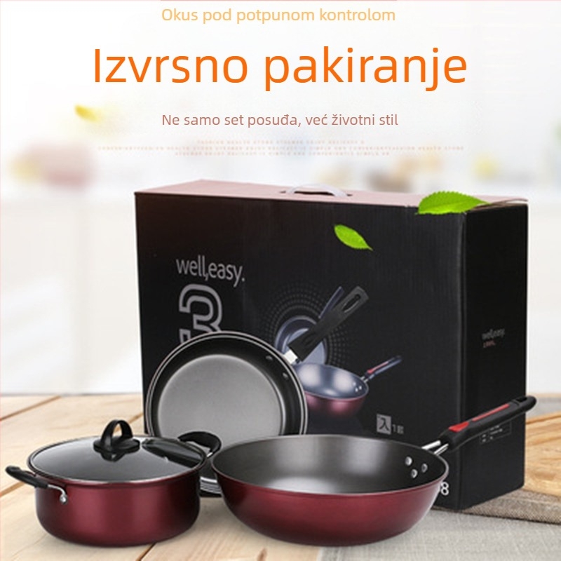 Trodjelni set neprijanjajućeg kuhinjskog posuđa: wok s ravnim dnom i jušna posuda