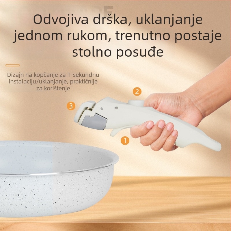 Set kuhinjskog posuđa s drvenom ručkom u mliječno-bijeloj boji, neprijanjajuće posuđe, lonci i tave s staklenim poklopcima