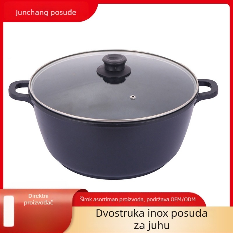 Aluminijski lonac za juhu s dvostrukim dnom i neprianjajućim premazom, dvije drške, unutarnji od nehrđajućeg čelika, zapremina 2.1-4 L, indukcija kompatibilan