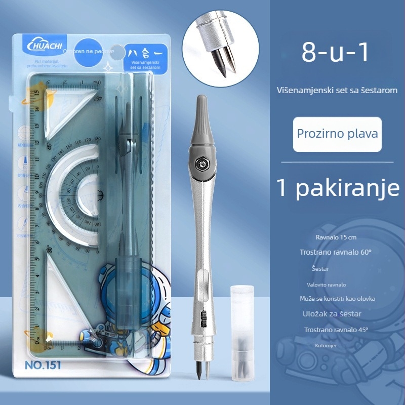 Set kružnog kompasa i ravnila za učenike, PET materijal, 8-dijelni, višenamjenski set za crtanje
