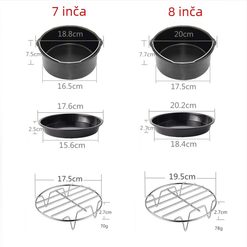 Pribor za fritezu s zrakom, set od 7 komada: rešetka za pečenje, košarica za kolače, stalak za kruh, za 3.5–5.8 L