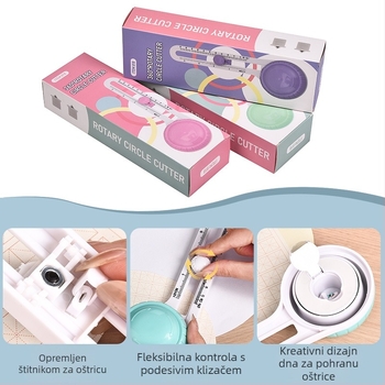 Rotirajući kružni rezač papira – kompas nož, DIY alat za rezanje do A4, boje: zelena, ružičasta, ljubičasta